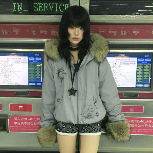 Fake Fur Trim Graphic Print Oversize Hooded Jacket NA9292