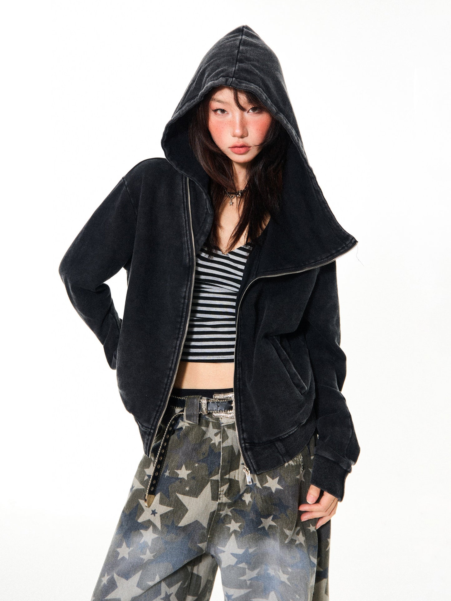 Asymmetrical Zipper Oversize Hooded Jacket NA9389