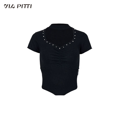 Chocker Neck With Diamond Splice Short Sleeve Knit Top NA4677