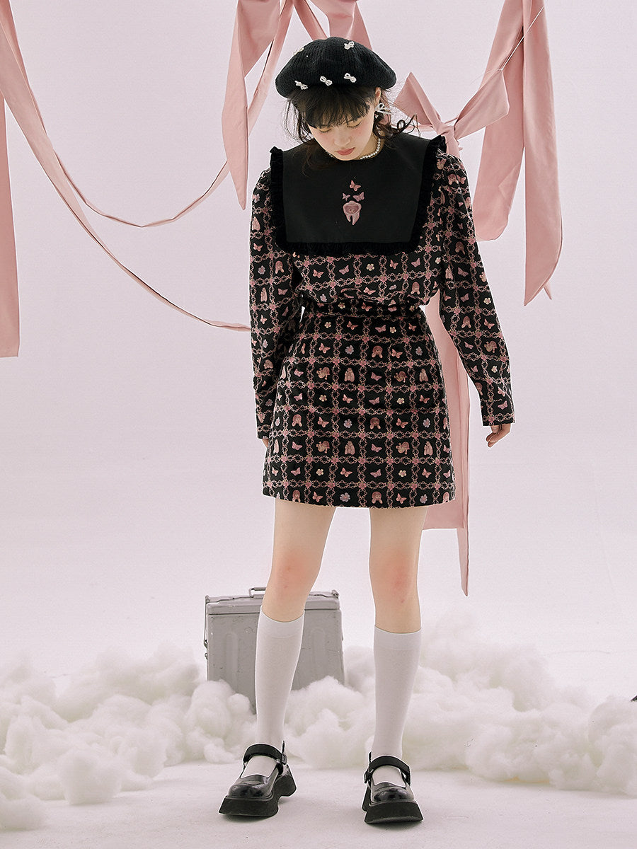 Quirky Print Bubble Sleeve Fake Layered Long Sleeve Blouse NA8294