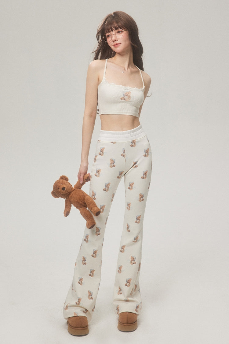 Bear Print Cropped Camisole & Camisole & Shorts & Micro Flare Pants & Short Sleeve T-Shirt Setup NA4108