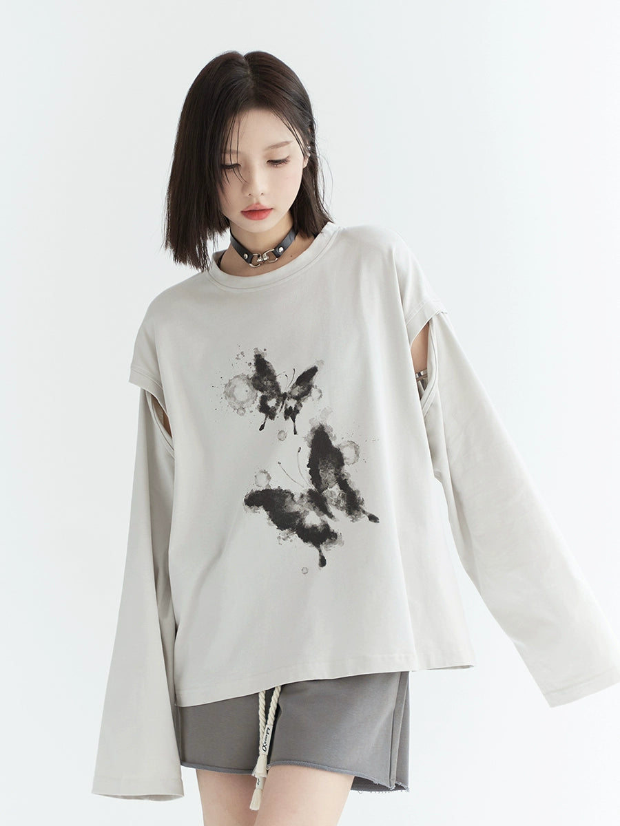 Butterfly Print Oversize Long-Sleeve Top NA2747