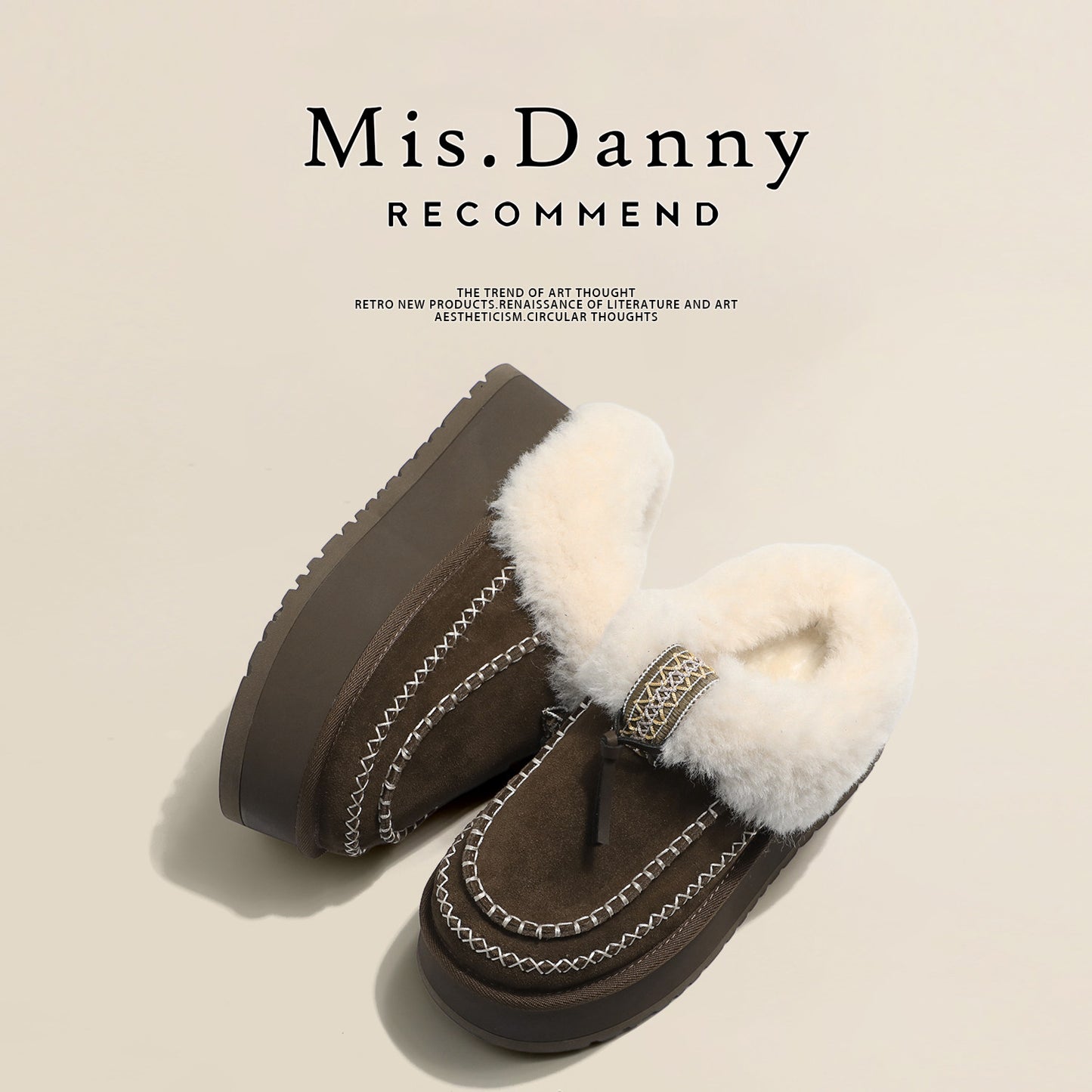 Fake Fur Lined Stitch Detail Platform Mules NA8669