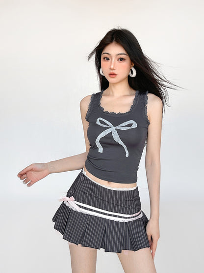 Lace Bow Print Slim Fit Tank Top NA4496