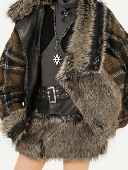 Reversible Fake Fur PU Leather Jacket & Skirt Setup NA8600