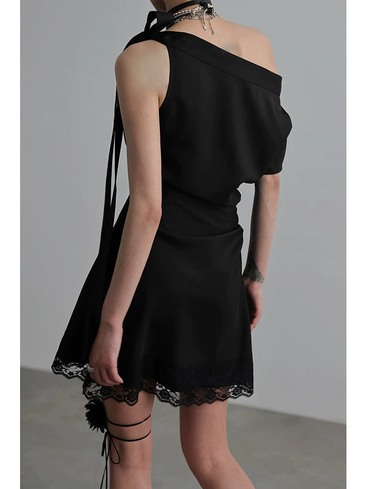 Asymmetric Shoulder Lace Up Dress NA4209