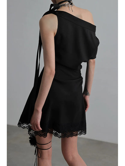 Asymmetric Shoulder Lace Up Dress NA4209