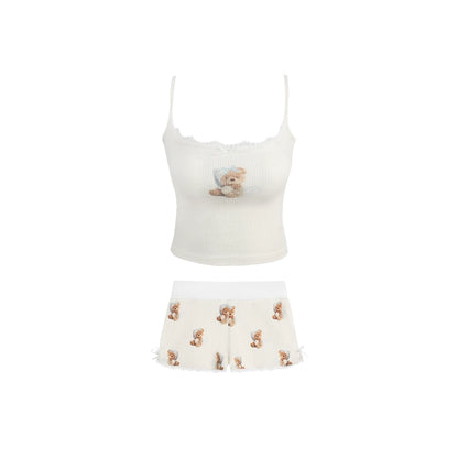 Bear Print Cropped Camisole & Camisole & Shorts & Micro Flare Pants & Short Sleeve T-Shirt Setup NA4108