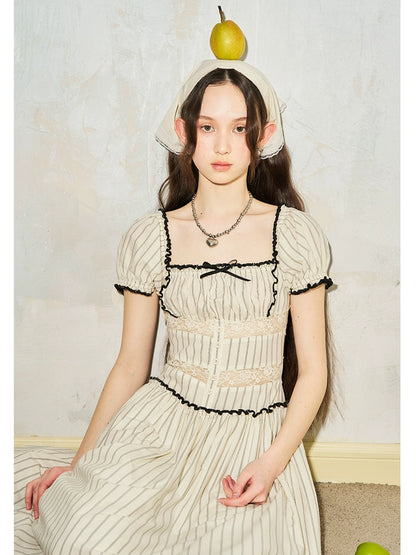 Square Neck Bow Lace Splicing Striped Bubble Sleeve Long Dress NA5362