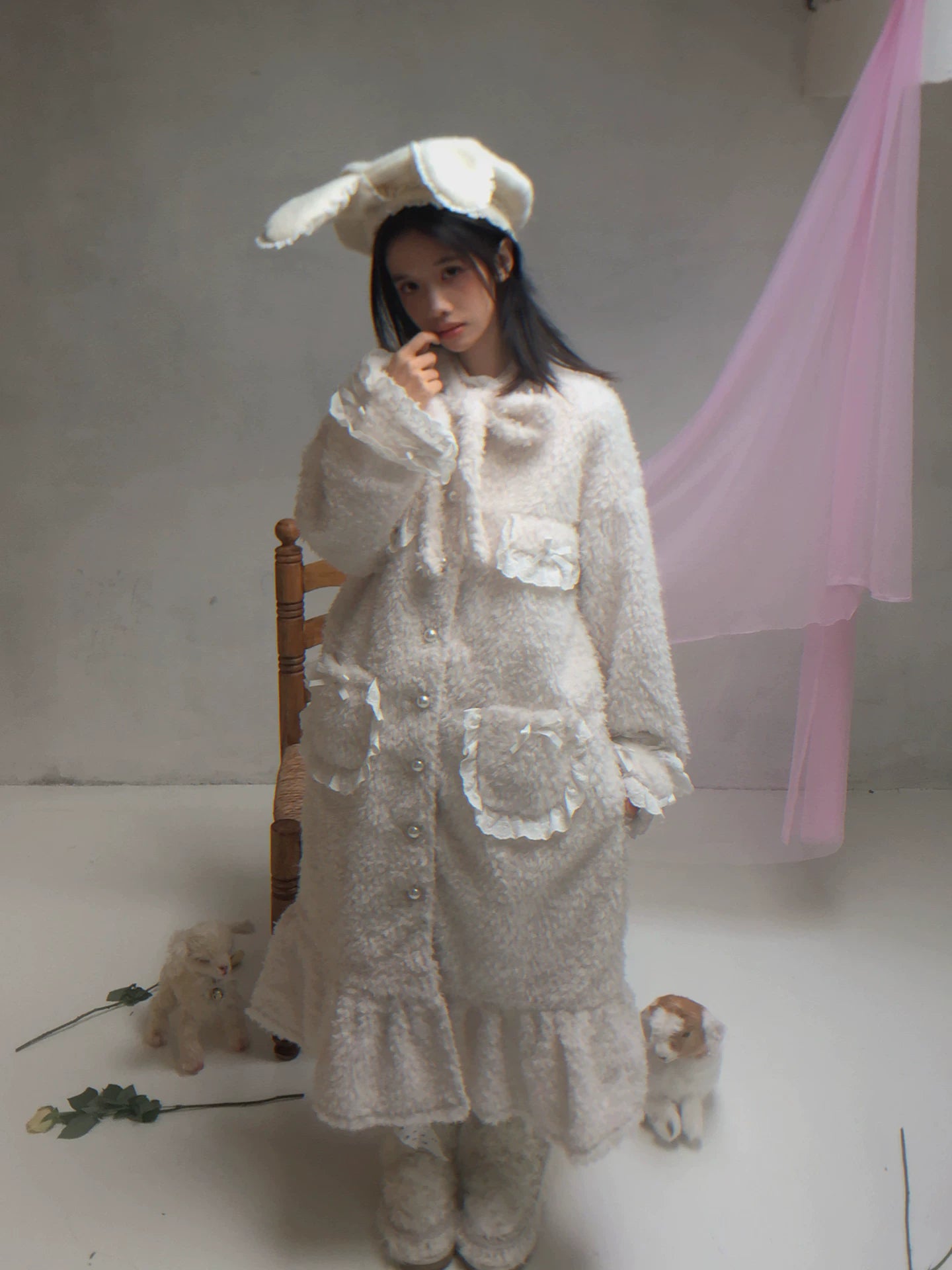 Plush Bow Ruffle Long Coat NA8279