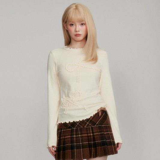 Dot Pattern Bow Lyocell Thermal Long Sleeve T-Shirt NA8781