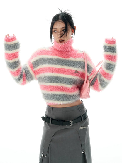 Cropped Striped Stand Neck Furry Knit Sweater NA5657