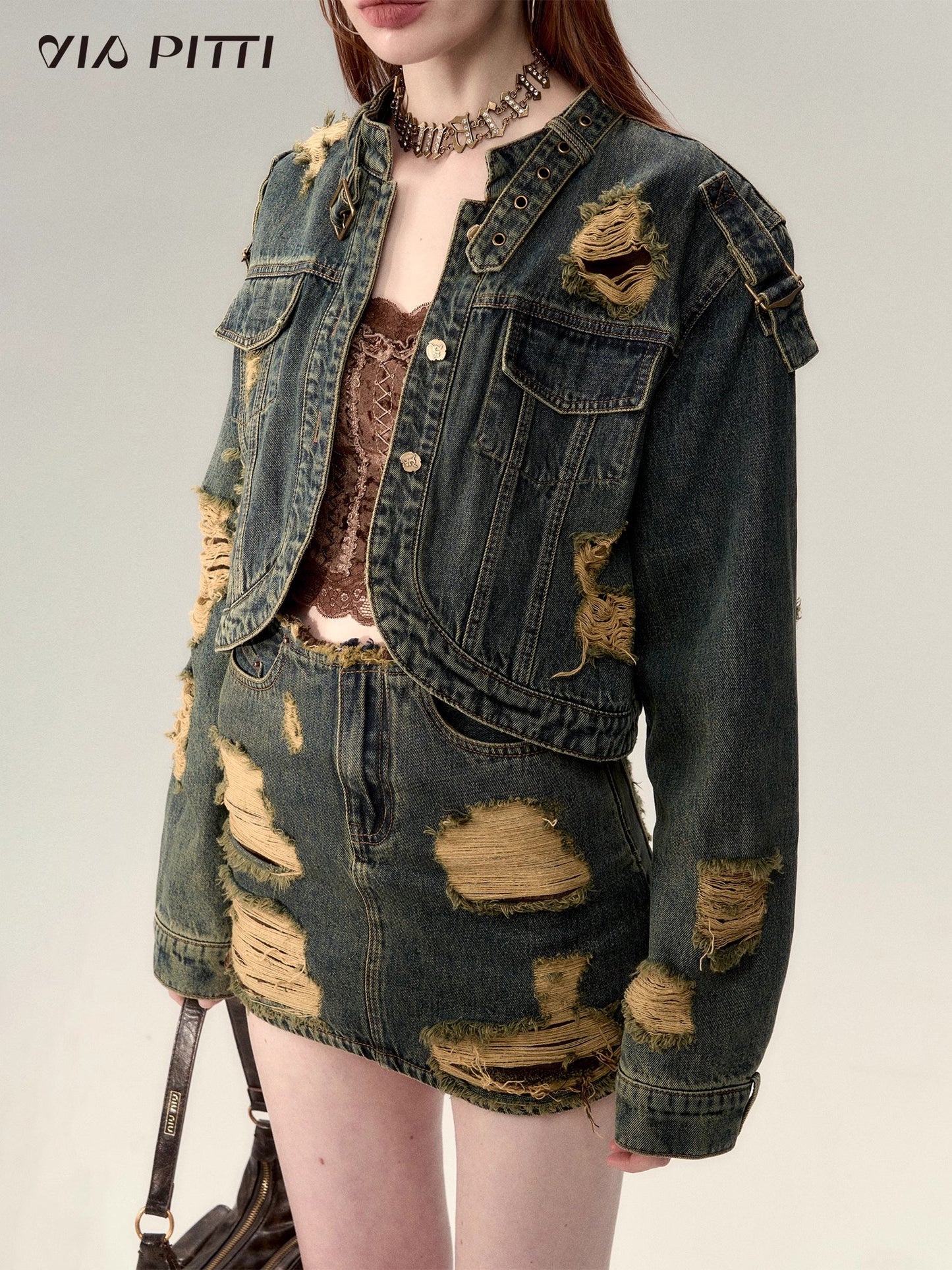 Washed Damaged Denim Jacket & Damaged Denim Skirt Setup NA4668