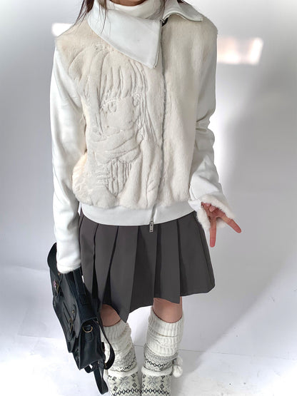 Fleece Embroidery Asymmetrical Zipper Jacket NA9263