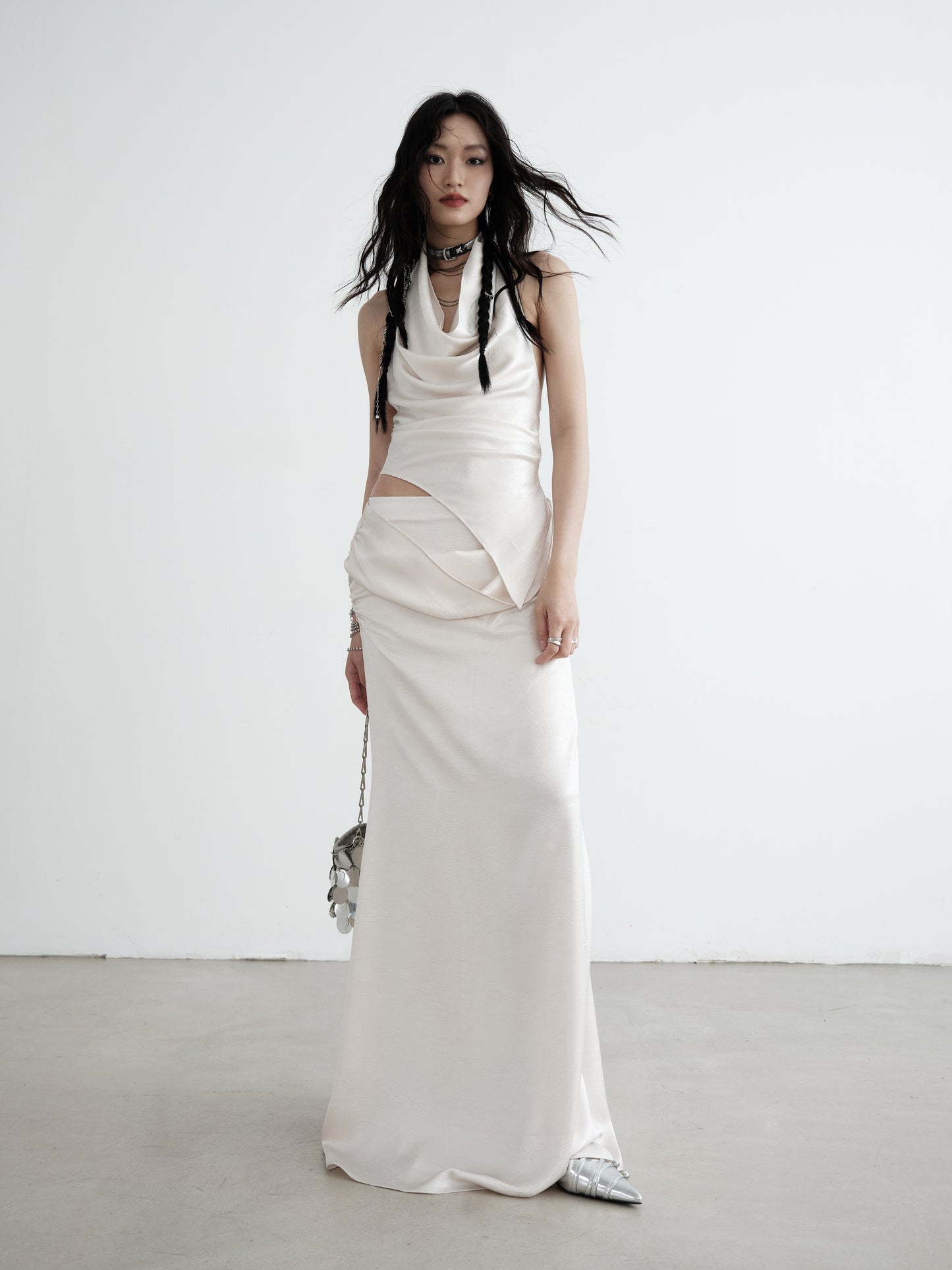 Pearl White Pleated Hanging Neck Camisole & Long Skirt Setup NA5225