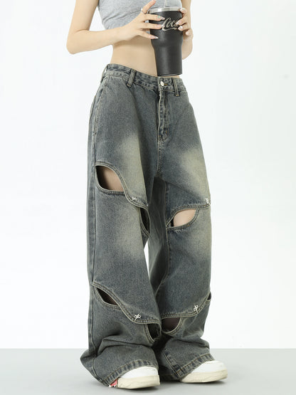 Metal Button Decoration Hollowed Design Denim Jeans NA2904