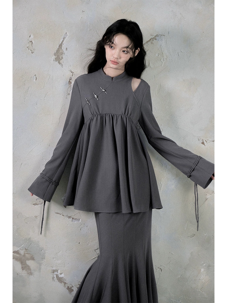 Ruffle Long Sleeve Shirt & Fishtail Long Skirt Setup NA5605