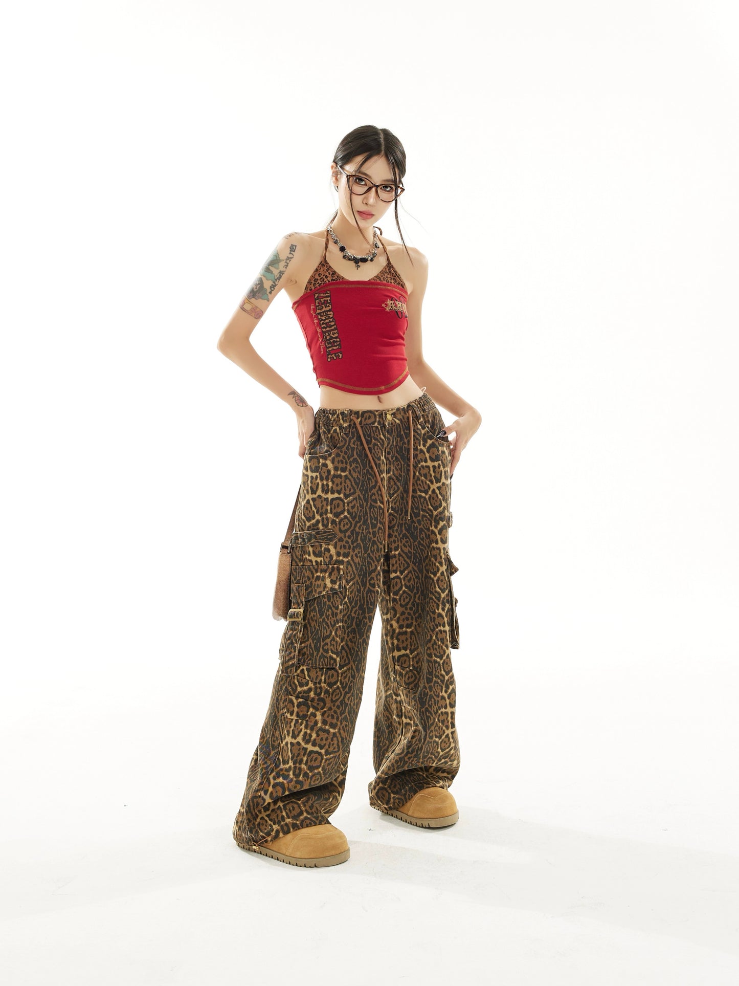 Wide-Leg Straight Leopard Print Cargo Pants NA3717