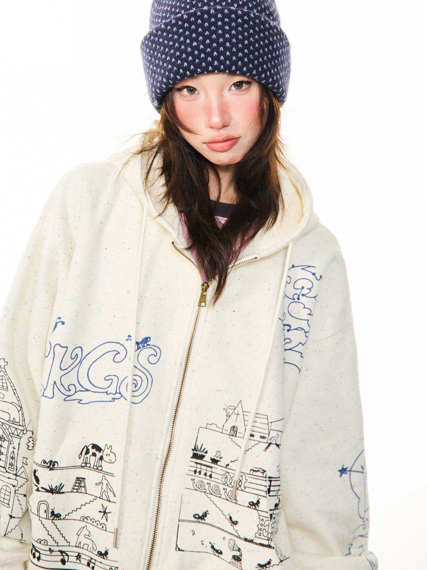 Graphic Print Oversize Zipper Hoodie NA9360
