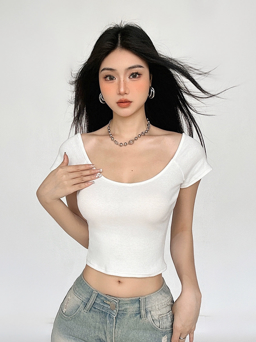 Cropped Round Neck Short Sleeve T-shirt NA4518