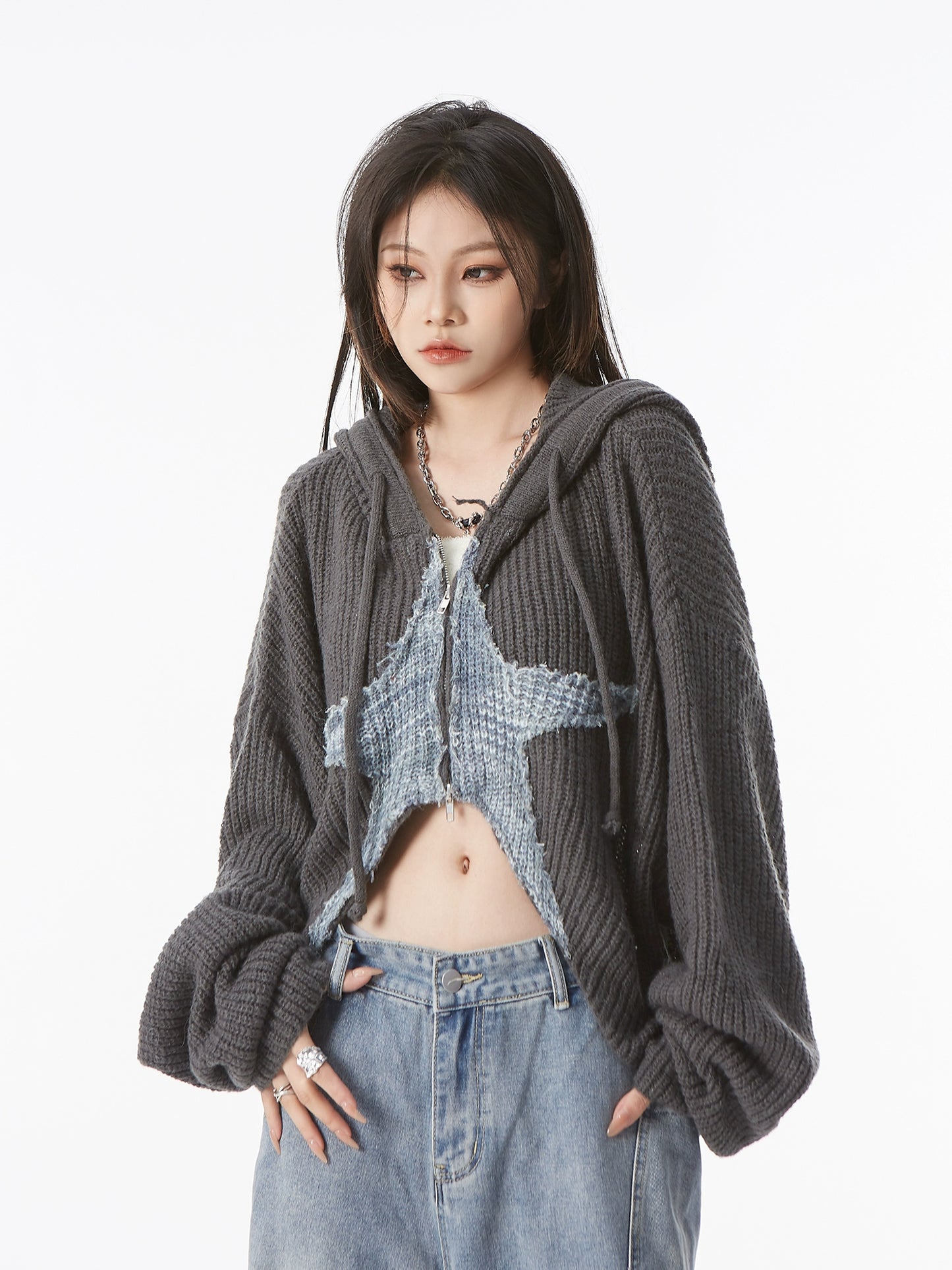 Zipper Hooded Short Knit Cardigan NA2871