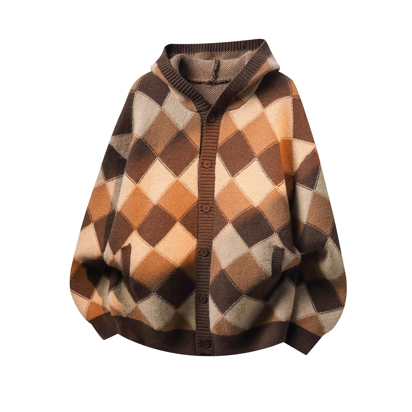 Heavyweight Diamond Pattern Oversize Hooded Knit Cardigan & Knit Sweater NA8871