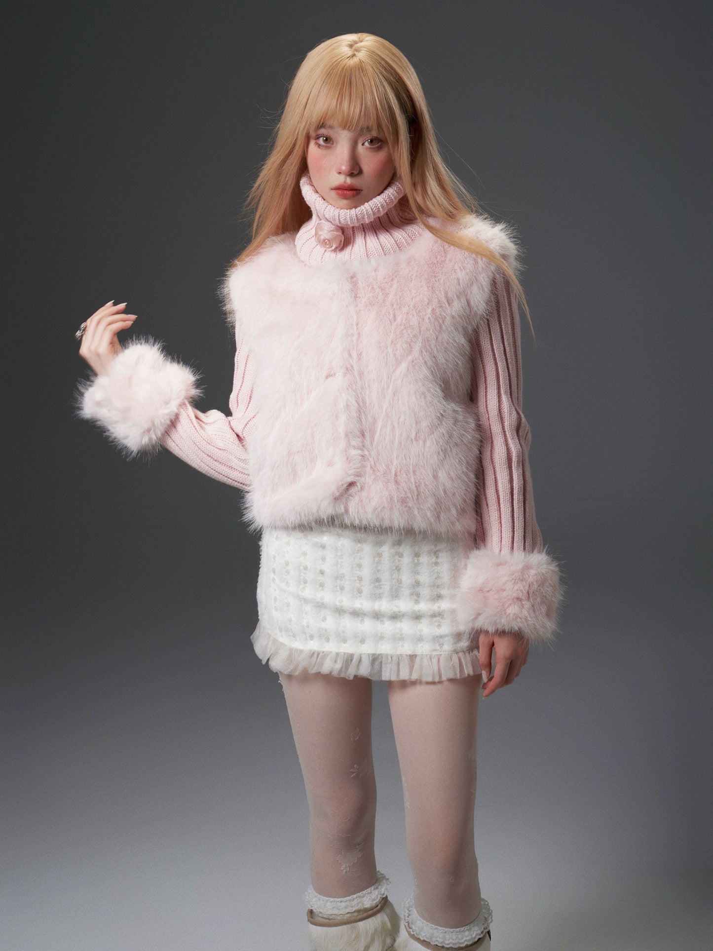 Detachable Neck Fur Mix Knit Sweater NA5820