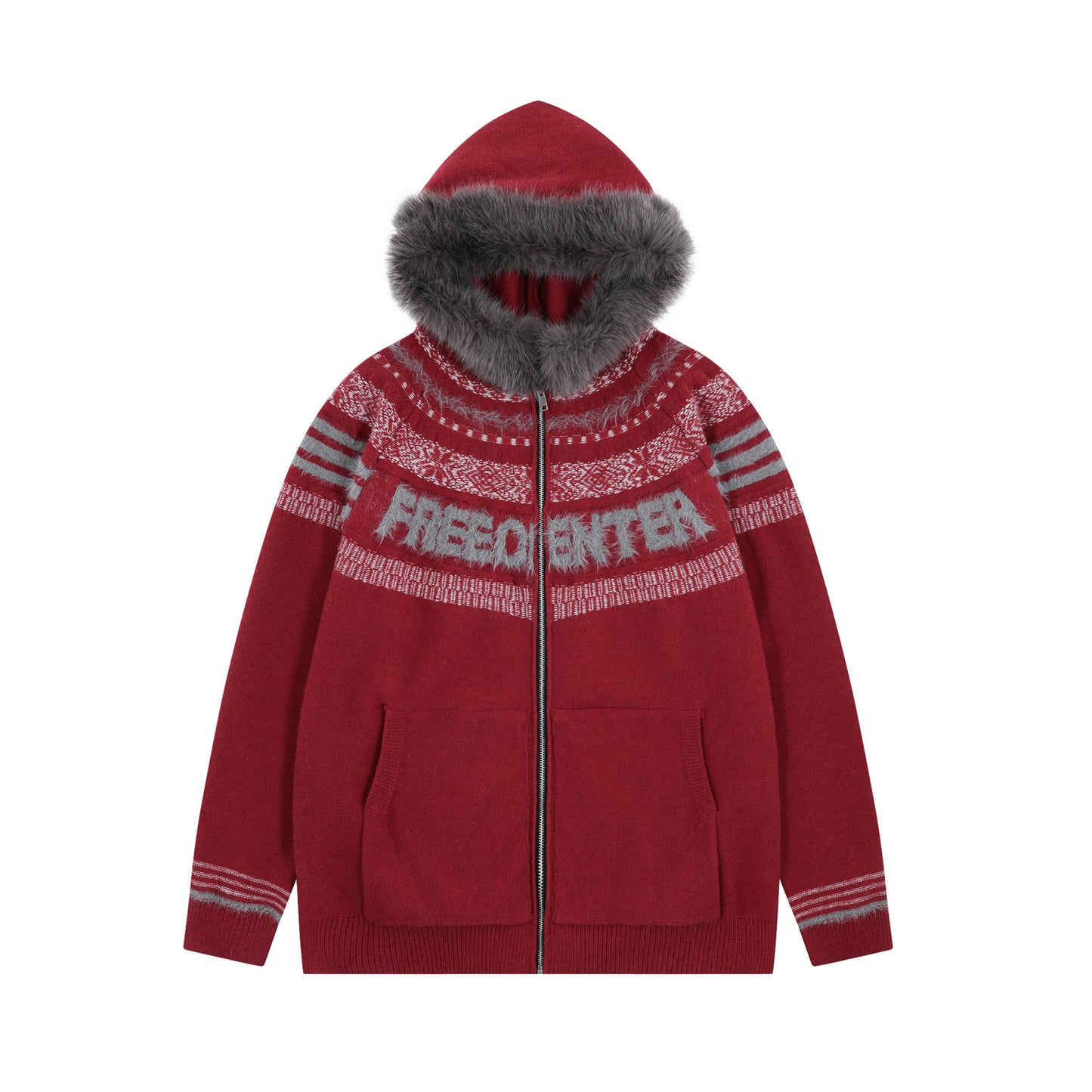 Fair Isle Hooded Detachable Fur Collar Knit Cardigan NA8870