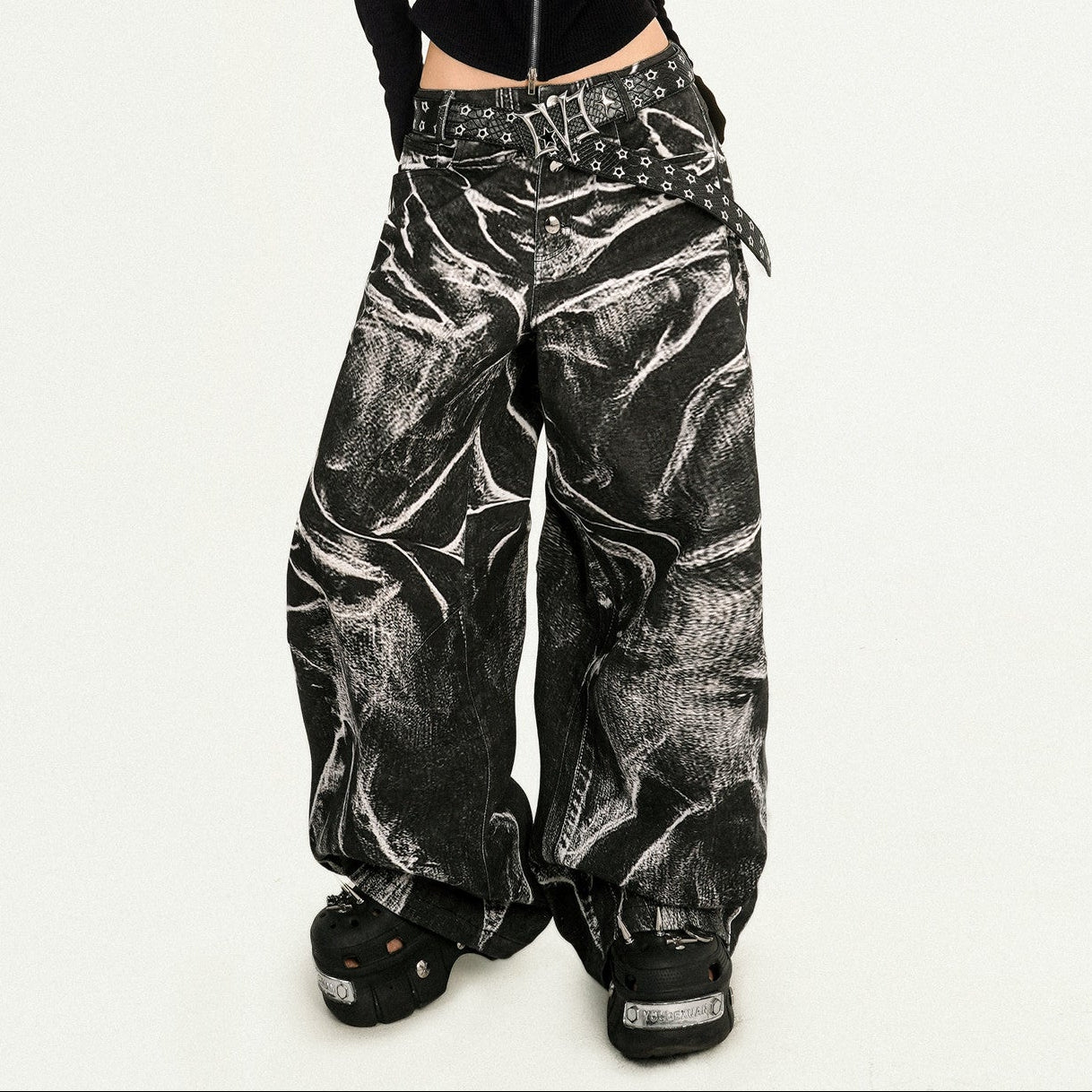 Ripple Pattern Design Wide Leg Denim Jeans NA8593