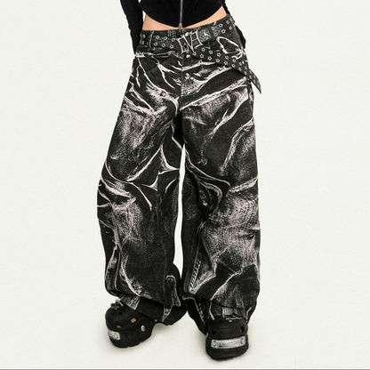 Ripple Pattern Design Wide Leg Denim Jeans NA8593