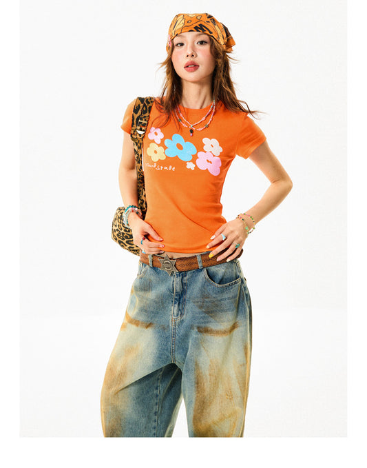 Flower Print Cropped Short Sleeve T-Shirt NA9318