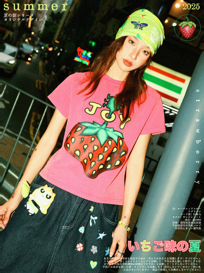Strawberry Print Cropped Short Sleeve T-Shirt NA9326