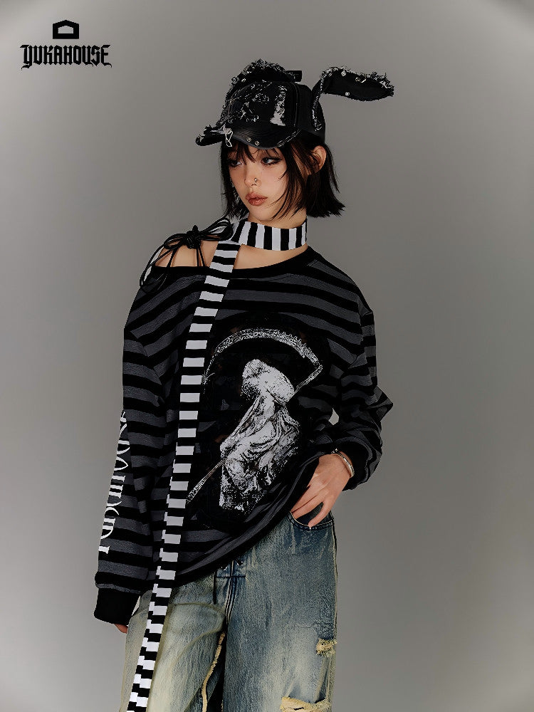 Off-Shoulder Drawstring Stripe Oversize Long Sleeve T-Shirt NA8885
