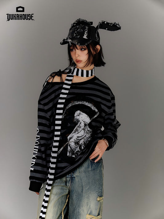 Off-Shoulder Drawstring Stripe Oversize Long Sleeve T-Shirt NA8885