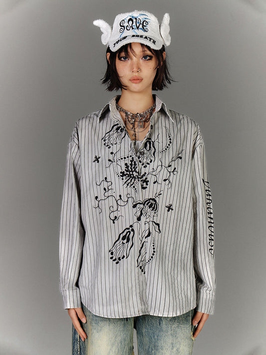 Stripe Graphic Print Long Sleeve Shirt & Stripe Print Camisole NA9223