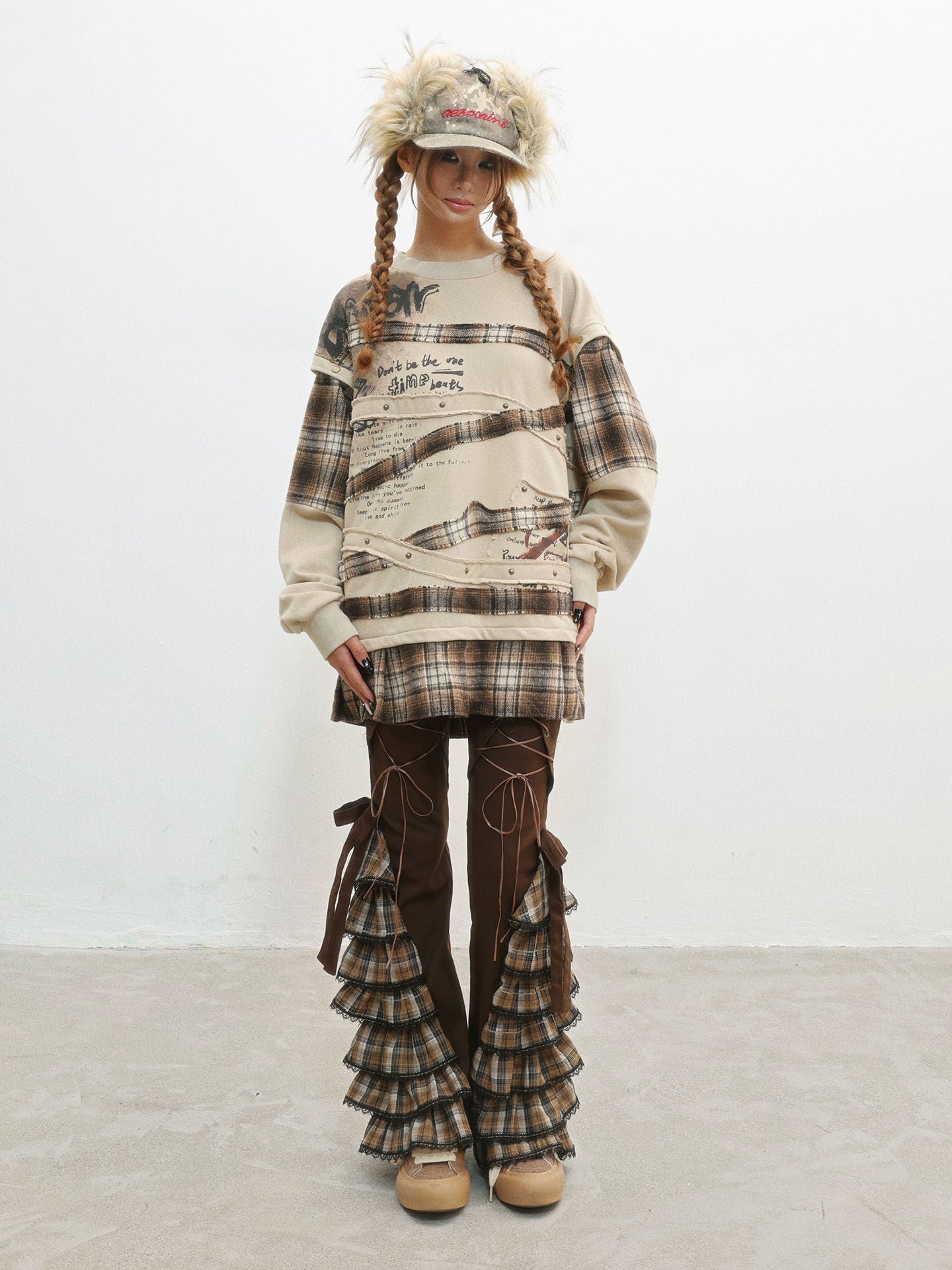 Plaid Lace-Up Ruffle Slimming Pants NA8559