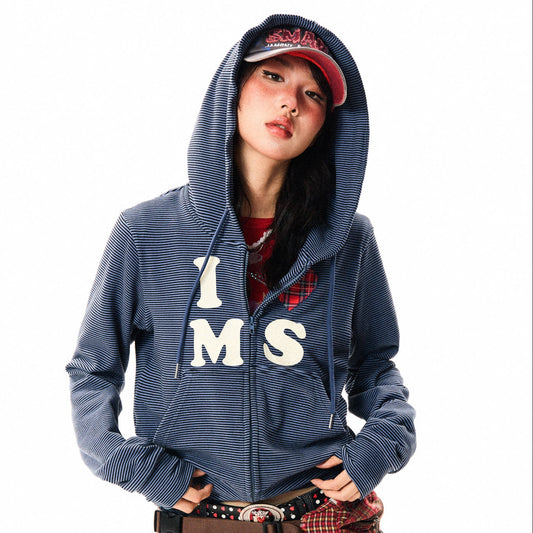 Heart Letter Print Stripe Cropped Zipper Hoodie NA9311