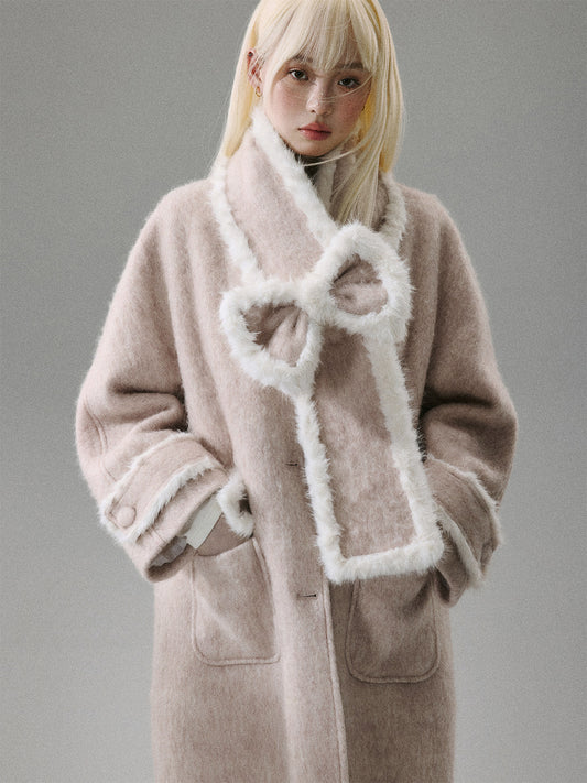 Cherry Blossom Tweed Water Ripple Bow Detachable Scarf Coat NA8818