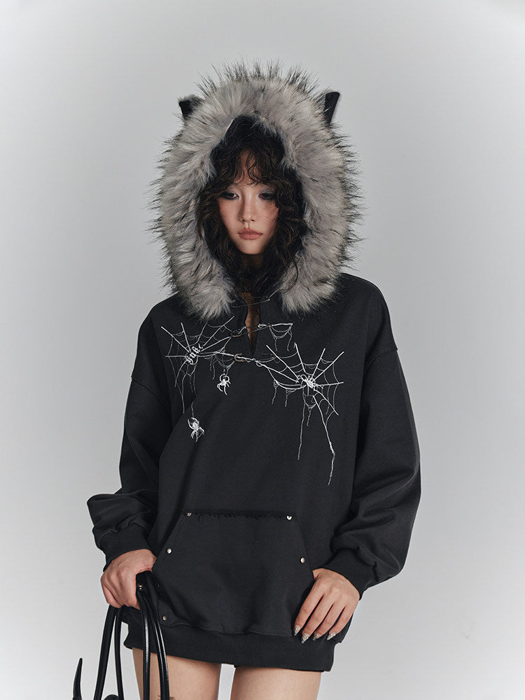Spider Web Print Fur Collar Cat Ear Oversize Zipper Hoodie NA8912