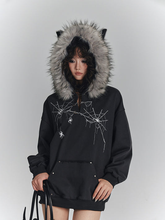 Spider Web Print Fur Collar Cat Ear Oversize Zipper Hoodie NA8912