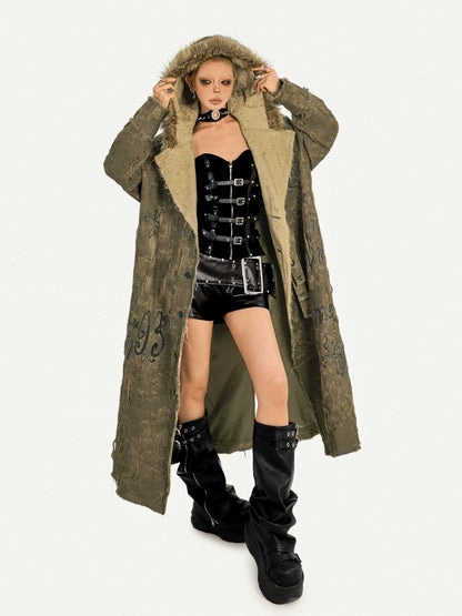 NA8566 Milk Cool Mo Li original retro heavy industry mid-length trench coat jacket autumn and winter loose design coat hooded fur collar NA8566