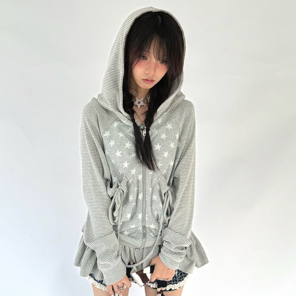 Striped Patchwork Hooded Drawstring Ruffle Jacket & Skirt Setup NA9266