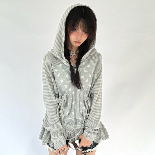 Striped Patchwork Hooded Drawstring Ruffle Jacket & Skirt Setup NA9266