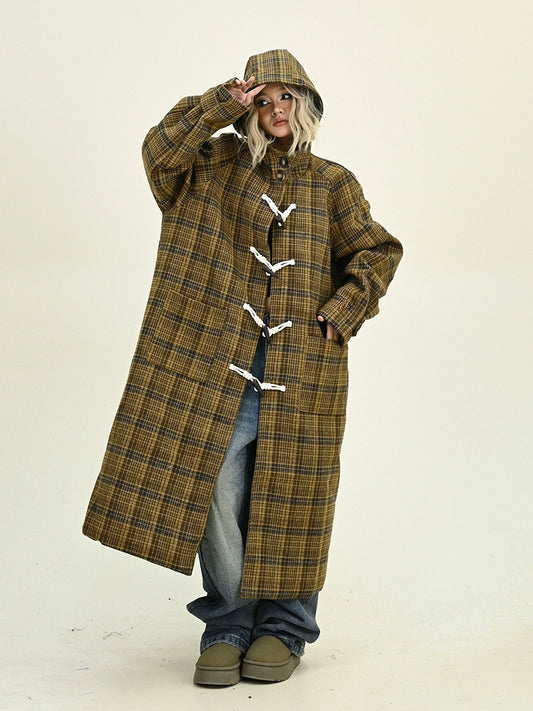 Plaid Hooded Long Coat NA6463