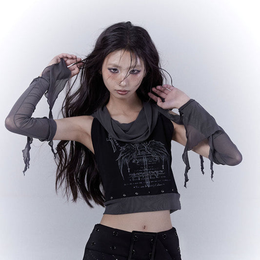 Rivet Print Patchwork Sleeveless T-Shirt & Arm Cover Set NA8537