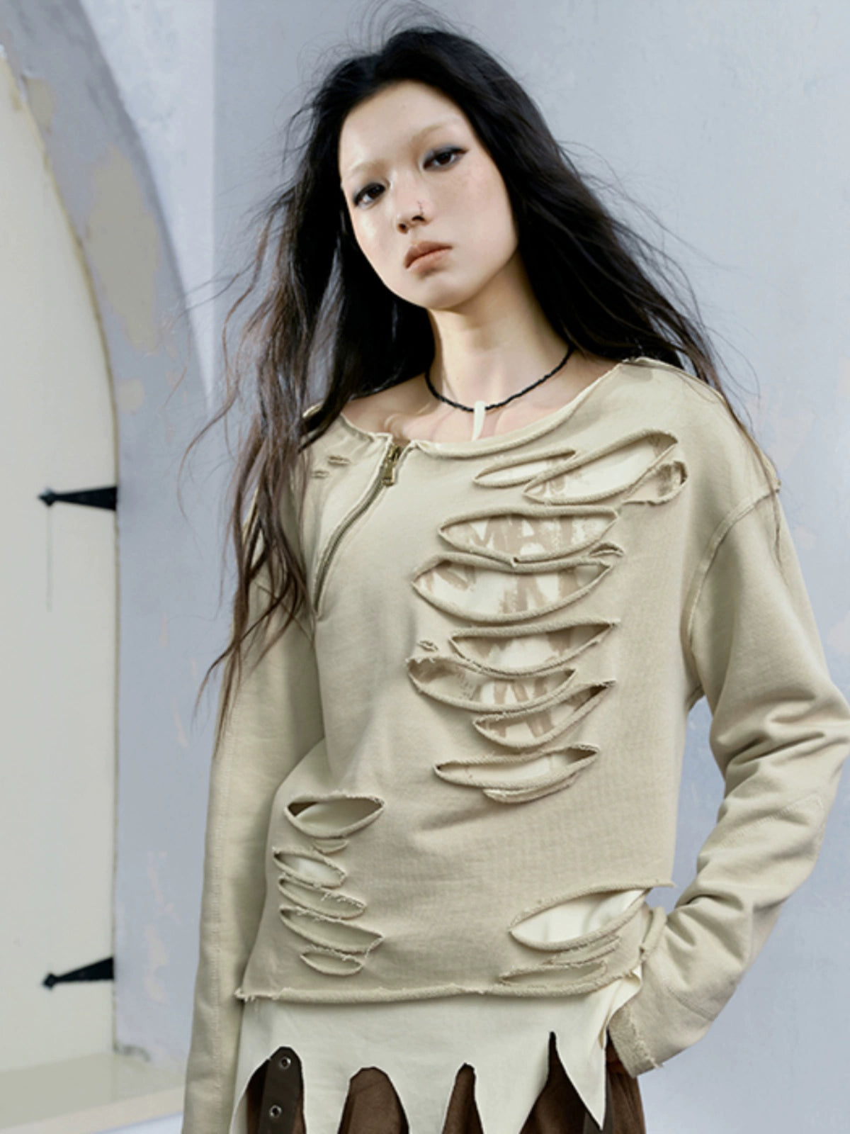 Damage Fake Layered Oversize Sweatshirt NA6021