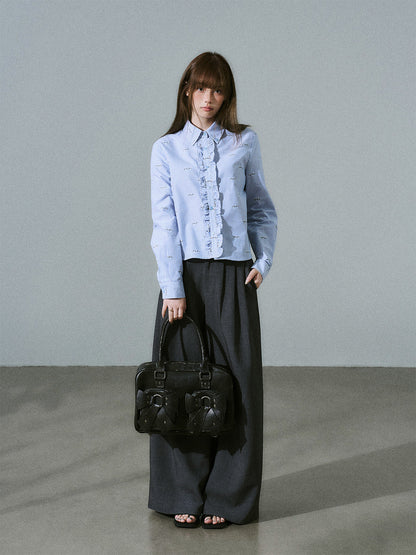 Ruffle Placket Striped Button-Up Long Sleeve Shirt NA8831