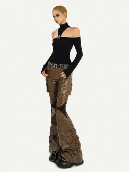 PU Leather Patchwork Fitted Flare Pants NA8581