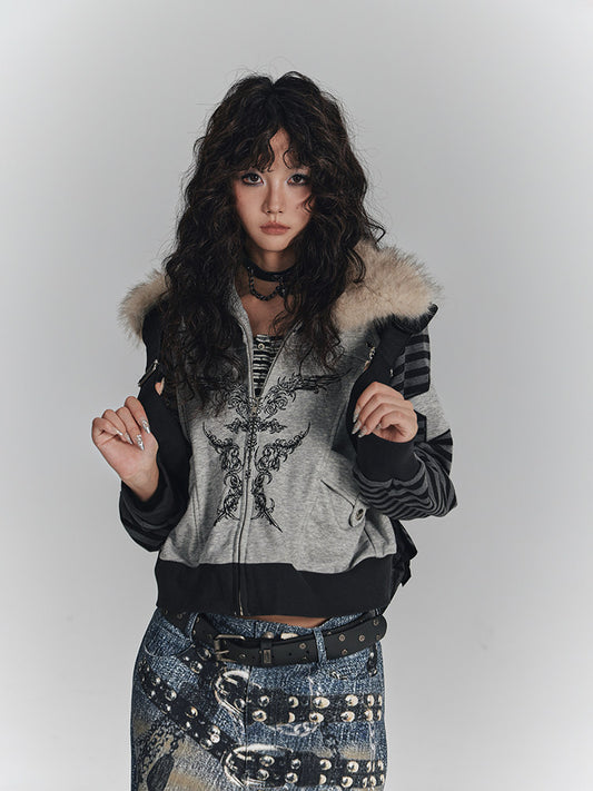 Fur Collar Patchwork Oversize Zipper Hoodie NA8899