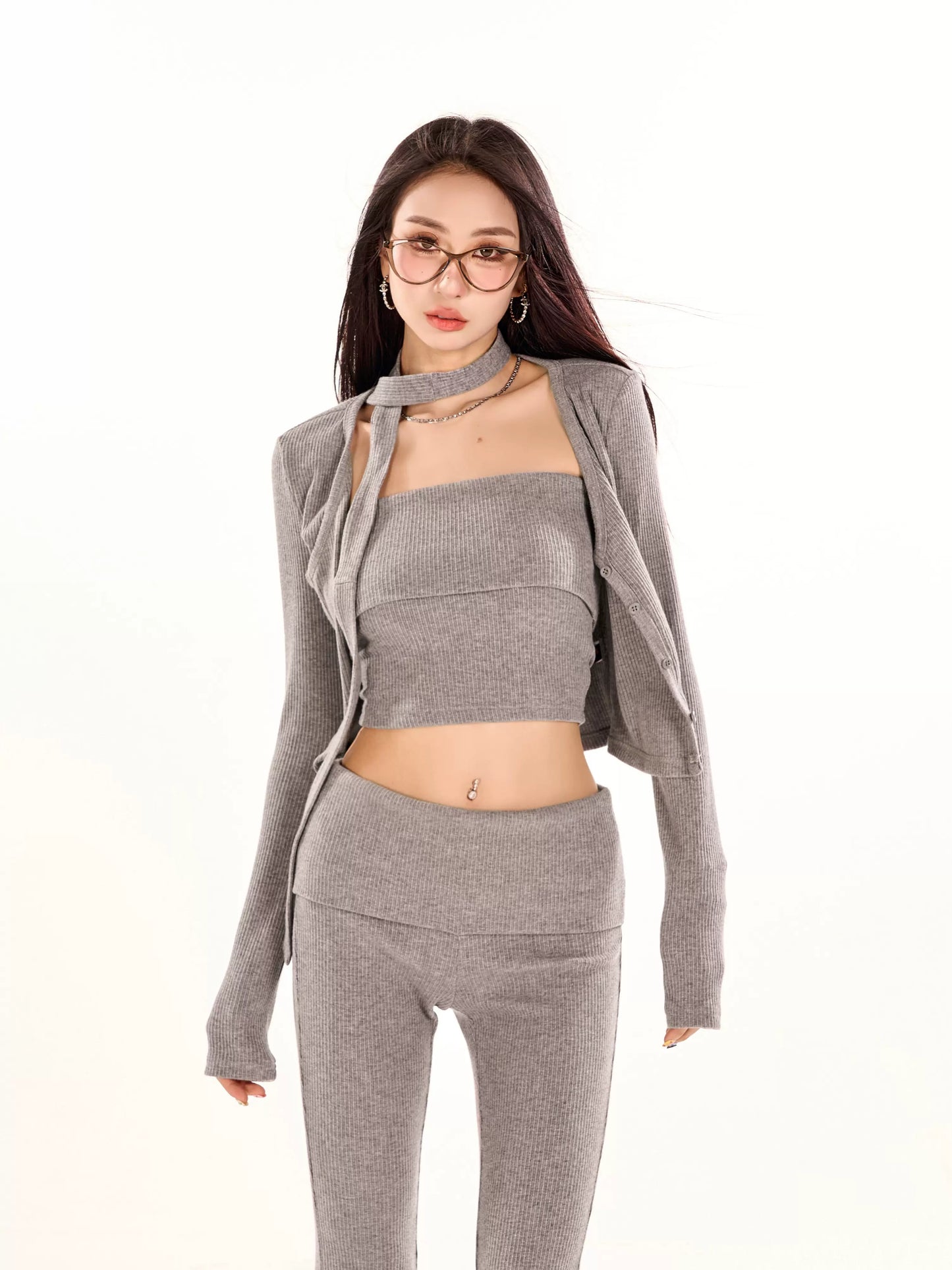 Long Sleeve Knit Cardigan & Tube Top & Slim Fit Flare Pants Setup NA3847